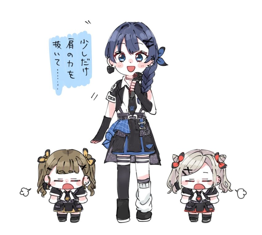 3girls :d black_gloves black_jacket black_necktie black_skirt blue_eyes blue_hair blunt_bangs blush braid brown_hair center-flap_bangs ceras_yanagida_lilienfeld chibi closed_eyes commentary cone_hair_bun d: double_bun earrings elbow_gloves fingerless_gloves full_body gloves grey_hair hair_bun hair_ornament heart heart_earrings height_difference holding holding_microphone i_do_me!_(love_live!) jacket jewelry kachimachi_kosuzu link!_like!_love_live! long_hair looking_at_viewer loose_socks love_live! microphone miniskirt moso_(expect66) multiple_girls murano_sayaka necktie official_alternate_costume official_alternate_hairstyle open_clothes open_jacket open_mouth pleated_skirt shirt short-sleeved_jacket short_sleeves side_braid simple_background single_braid single_earring single_sleeve single_sock single_thighhigh skirt smile socks standing thigh_strap thighhighs translation_request virtual_youtuber white_background white_shirt white_socks x_hair_ornament