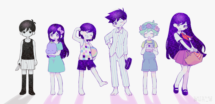 2girls 4boys absurdres aubrey_(headspace)_(omori) aubrey_(omori) barefoot basil_(headspace)_(omori) basil_(omori) black_footwear black_hair black_thighhighs blush bow bright_pupils camera closed_eyes closed_mouth collared_shirt colored_skin expressionless frying_pan hair_bow hero_(headspace)_(omori) hero_(omori) highres holding holding_camera holding_frying_pan holding_knife holding_stuffed_toy kel_(headspace)_(omori) kel_(omori) knife long_hair looking_at_viewer mari_(headspace)_(omori) mari_(omori) multiple_boys multiple_girls neckerchief omori omori_(omori) one_eye_closed overall_shorts overalls parted_lips pink_bow pleated_skirt purple_eyes purple_hair purple_shorts red_neckerchief red_skirt shirt short_sleeves shorts simple_background skirt smile stuffed_eggplant stuffed_toy teeth tendoshi thighhighs white_background white_pupils white_shirt white_skin yellow_shirt