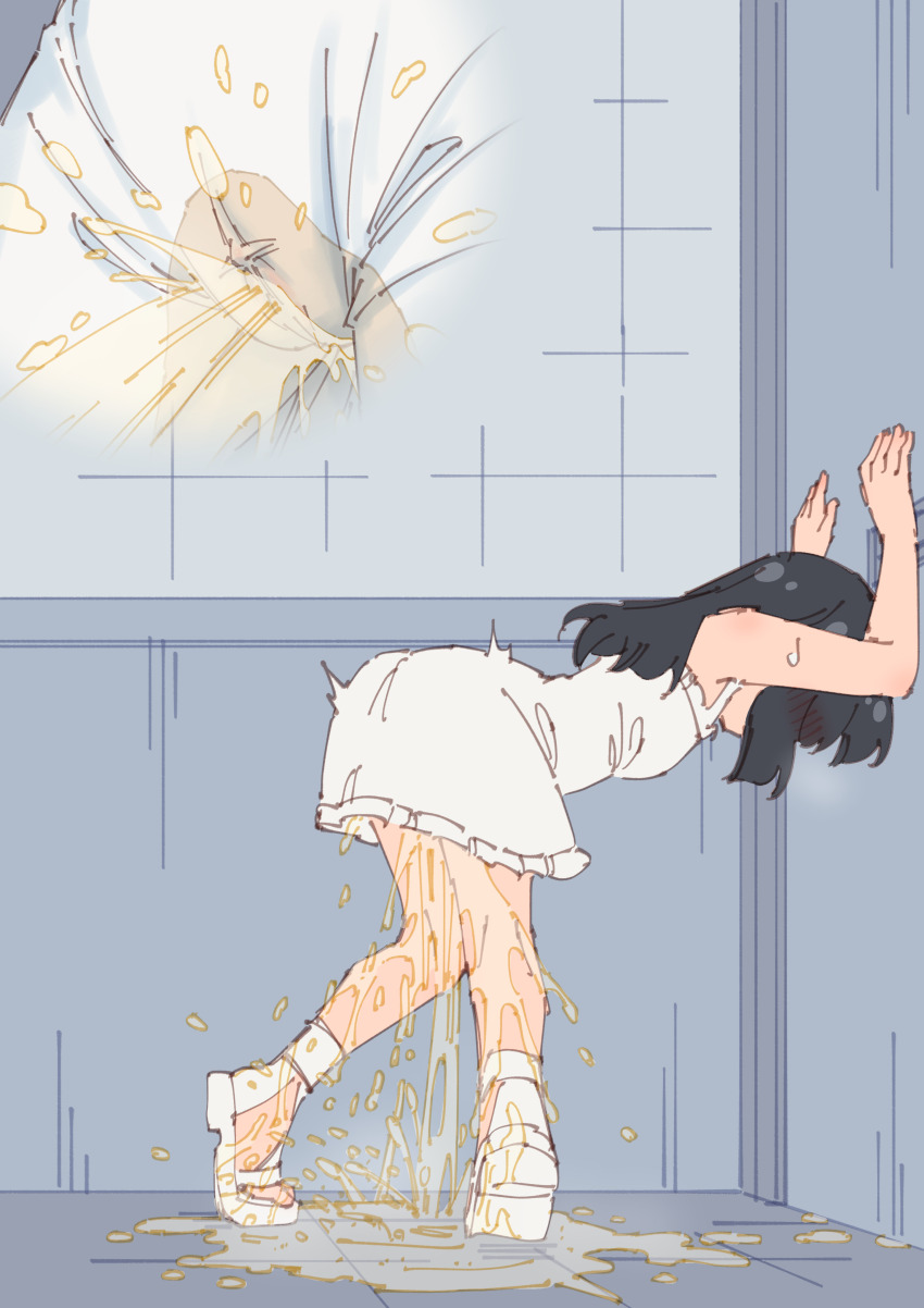 1girl absurdres black_hair blush commentary_request dress embarrassed flat_chest have_to_pee highres large_variant_set long_hair multiple_views original pee pee_stain peeing peeing_self revision rune_(dualhart) sandals standing toes variant_set white_dress white_sandals