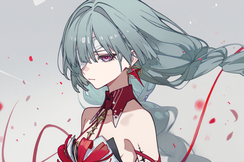 1girl bandage_over_one_eye bare_shoulders closed_mouth commentary_request earrings grey_hair highres jewelry kurisu~tina long_hair phrolova_(wuthering_waves) portrait red_eyes solo tacet_mark_(wuthering_waves) wuthering_waves