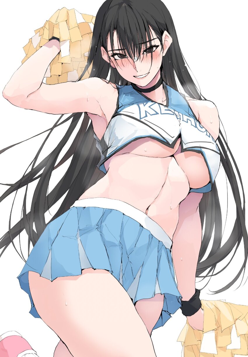 1girl bare_arms black_choker black_eyes black_hair blue_skirt breasts cheerleader choker commentary_request grin hair_between_eyes highres long_hair looking_at_viewer medium_breasts navel original pleated_skirt pom_pom_(cheerleading) shirt simple_background skirt smile solo standing thighs underboob white_background white_shirt zekkyon