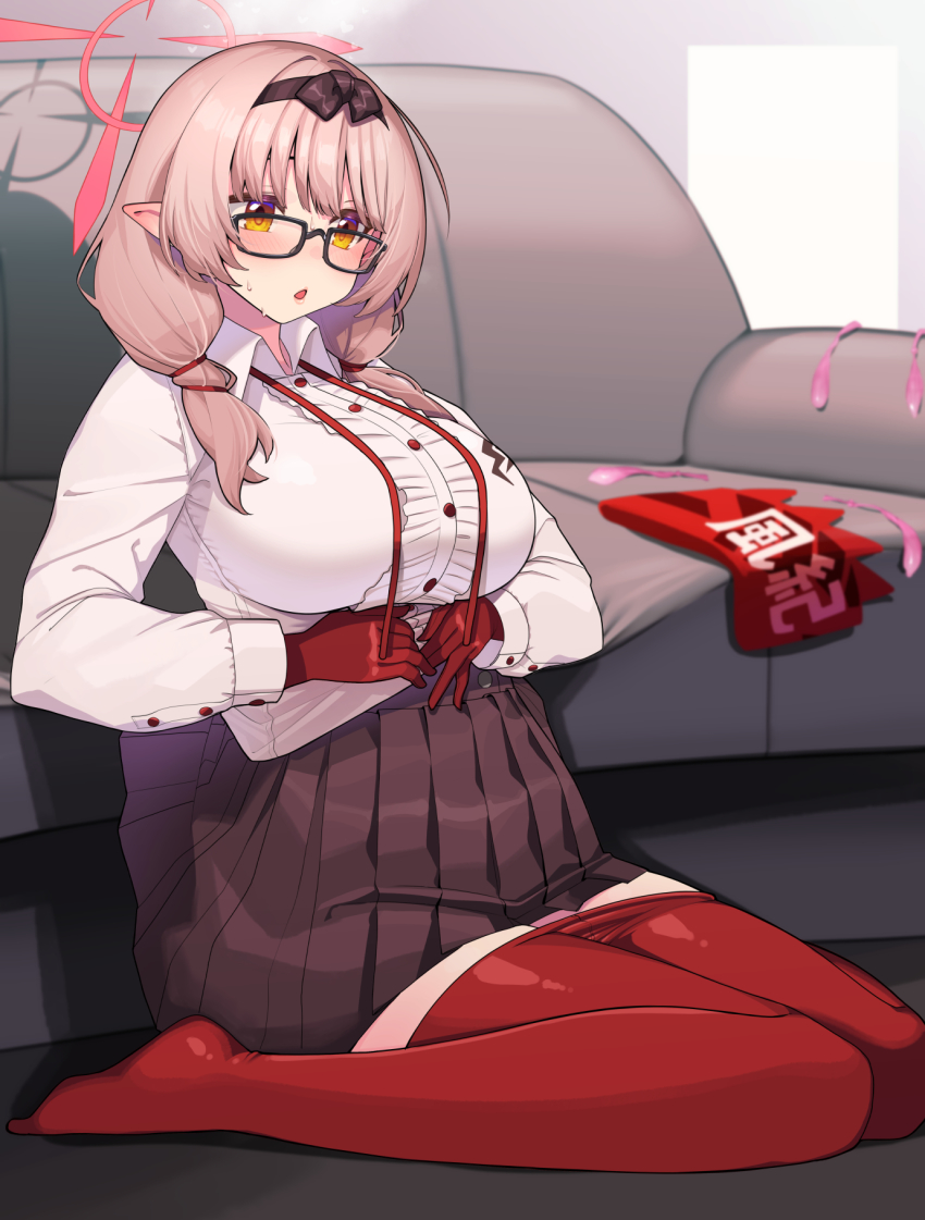 1girl armband black-framed_eyewear black_skirt blue_archive blush breasts chinatsu_(blue_archive) collared_shirt dress_shirt glasses hair_ribbon halo highres large_breasts light_brown_hair long_hair long_sleeves looking_at_viewer low_twintails no_shoes open_mouth pleated_skirt pointy_ears ribbon santa_(sunflower) shirt skirt solo twintails unworn_armband white_shirt yellow_eyes
