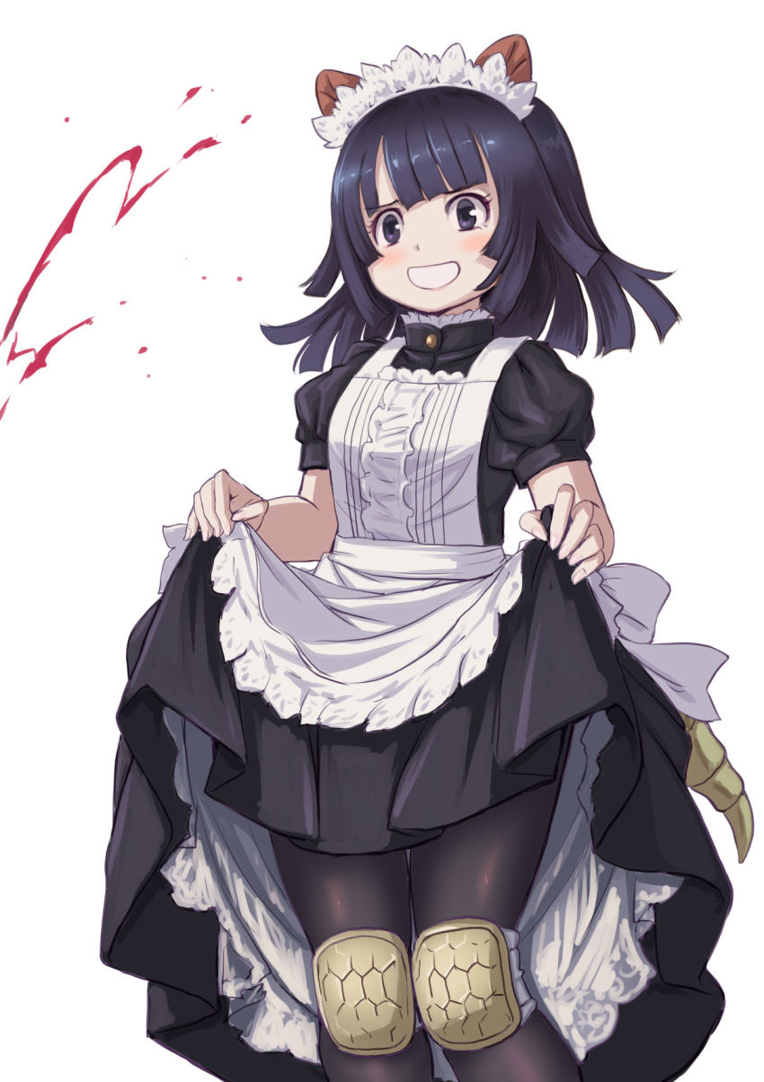 1girl apron armadillo_ears armadillo_tail bare_arms black_dress black_hair black_pantyhose blood blunt_bangs clothes_lift dress dress_lift furrowed_brow giant_armadillo_(kemono_friends) hands_up highres kemono_friends knee_pads kosai_takayuki lifting_own_clothes light_blush maid maid_apron maid_headdress medium_hair official_alternate_costume pale_skin pantyhose puffy_short_sleeves puffy_sleeves purple_eyes short_sleeves simple_background smile solo standing tail white_apron white_background