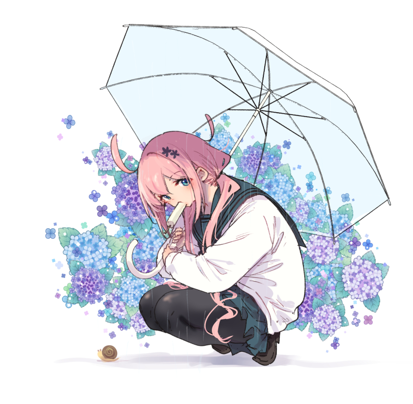 1girl ahoge black_pantyhose blue_skirt commentary_request flower food food_in_mouth hamayumiba_sou highres holding holding_umbrella long_hair low_twintails ochikobore_fruit_tart pantyhose pink_hair popsicle popsicle_in_mouth sakura_ino school_uniform serafuku skirt snail squatting twintails umbrella