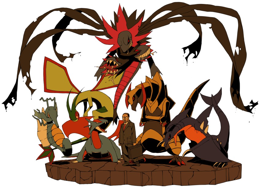 1boy bad_id bad_pixiv_id black_hair briefcase business_suit comb_over creature dragon facing_viewer faux_figurine flygon formal_clothes full_body garchomp gen_2_pokemon gen_3_pokemon gen_4_pokemon gen_5_pokemon glasses haxorus hydreigon kingdra male_focus necktie nintendo opaque_glasses pokemon pokemon_(creature) red_eyes salamence sazandora simple_background standing suit white_background yaza
