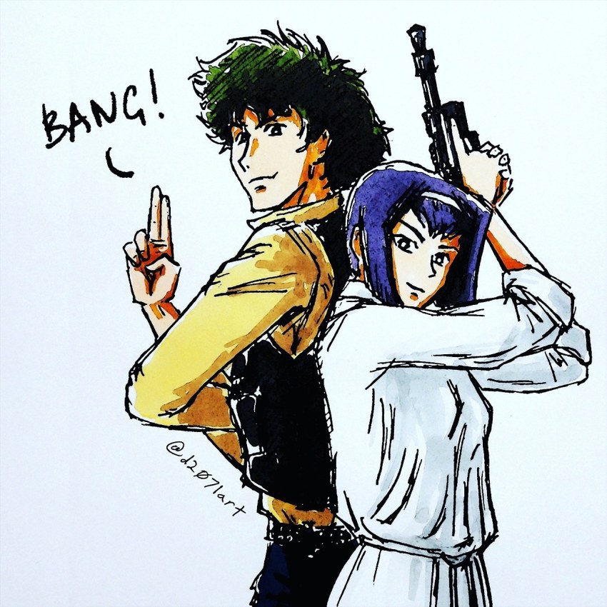 1boy 1girl blaster_(star_wars) cosplay cowboy_bebop d2071 faye_valentine green_hair han_solo han_solo_(cosplay) highres princess_leia_(cosplay) princess_leia purple_hair spike_spiegel star_wars tagme