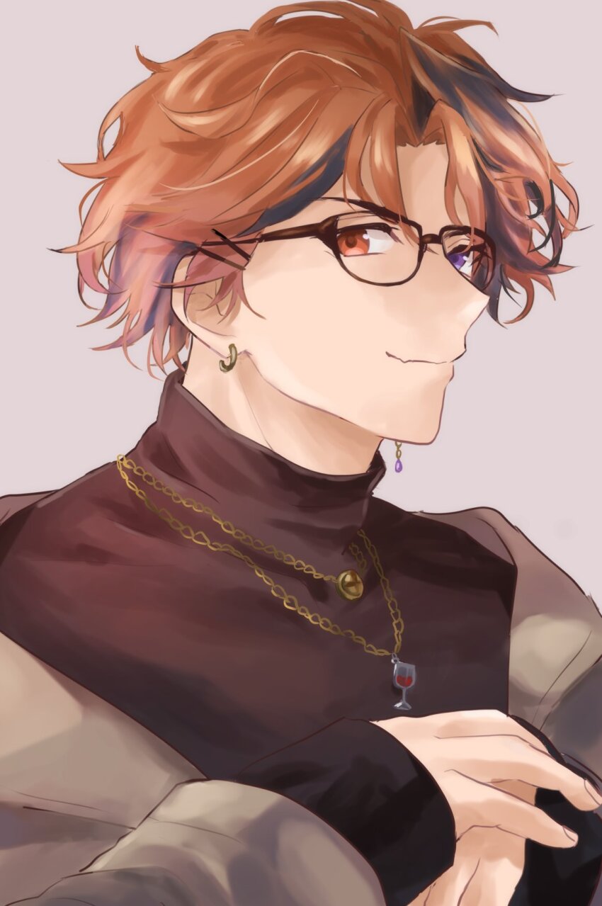 1boy bespectacled black_hair brown_jacket brown_shirt earrings glasses grey_background hair_ornament hairclip heterochromia highres holostars jacket jewelry long_sleeves looking_at_viewer male_focus mioto_(tsubsq_m) mismatched_earrings multicolored_hair necklace official_alternate_costume orange_eyes orange_hair own_hands_together parted_bangs purple_eyes shirt short_hair simple_background sleeves_past_wrists smile solo streaked_hair turtleneck upper_body virtual_youtuber yukoku_roberu yukoku_roberu_(fall/winter)