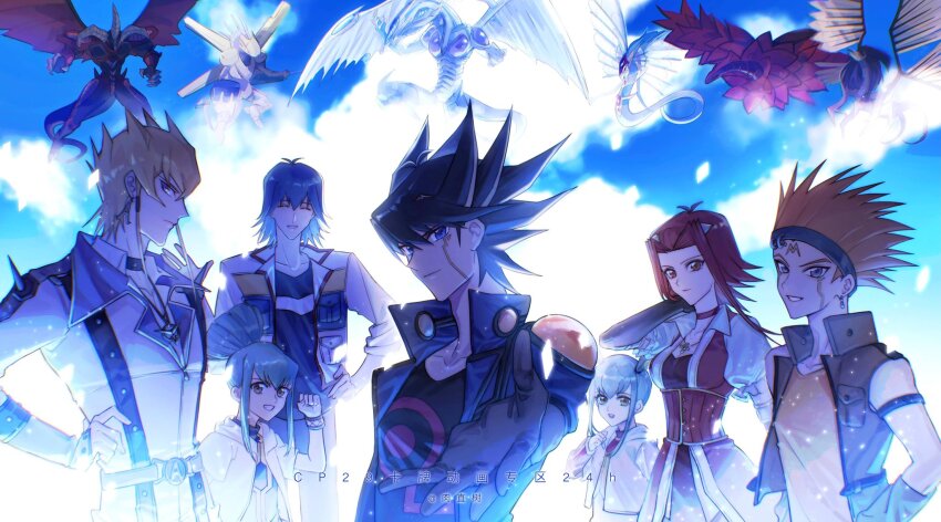 2girls 5boys ancient_fairy_dragon arm_strap bat_wings belt black-winged_dragon black_choker black_gloves black_hair black_rose_dragon black_shirt blonde_hair blue_eyes blue_hair blue_pants blue_shirt blue_sky brown_eyes brown_gloves brown_vest bruno_(yu-gi-oh!) chinese_text choker clenched_hand closed_eyes cloud cloudy_sky collared_shirt commentary corset crow_hogan dragon duel_monster earrings elbow_gloves english_commentary facial_mark facial_tattoo floating_earrings forehead_mark fudo_yusei gloves green_hair grin hand_on_own_hip hand_on_own_neck hand_up happy headband high_ponytail highres hood hooded_jacket izayoi_aki jack_atlas jacket jewelry jumpsuit life_stream_dragon looking_at_viewer looking_to_the_side lua_(yu-gi-oh!) luca_(yu-gi-oh!) multicolored_hair multiple_boys multiple_girls naoki_(2rzmcaizerails6) necklace open_clothes open_jacket orange_hair pants parted_bangs pendant ponytail puffy_short_sleeves puffy_sleeves purple_eyes racing_suit reaching reaching_towards_viewer red_choker red_corset red_daemon&#039;s_dragon red_hair red_shirt serious shirt short_hair short_hair_with_long_locks short_ponytail short_sleeves shoulder_pads shoulder_spikes sidelocks sky sleeves_rolled_up smile spiked_hair spikes standing stardust_dragon streaked_hair studded_choker tattoo translation_request turtleneck turtleneck_shirt upper_body v-neck vest waving white_jacket white_jumpsuit white_shirt wings wristband yellow_shirt yu-gi-oh! yu-gi-oh!_5d&#039;s