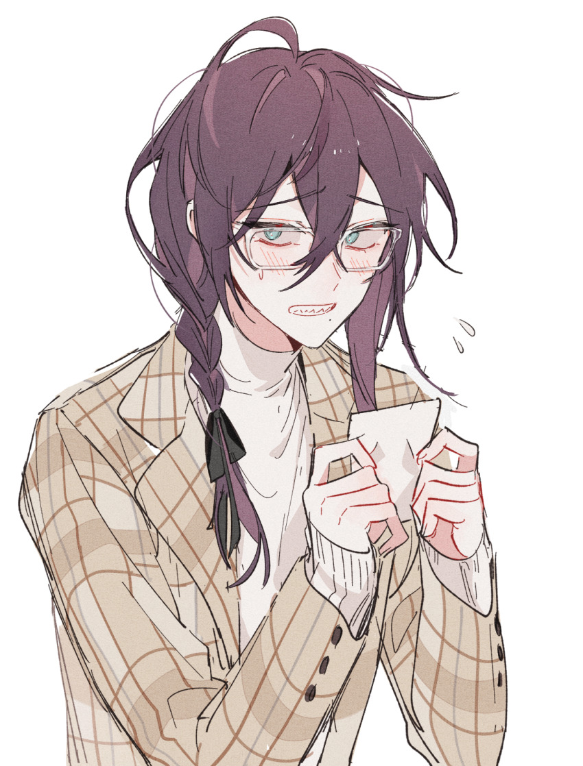 1boy anight ayase_mayoi black_bow bow braid brown_coat clenched_teeth coat ensemble_stars! flying_sweatdrops glasses hair_between_eyes hair_bow hair_over_shoulder highres holding holding_paper long_hair long_sleeves looking_at_viewer male_focus messy_hair mole mole_under_mouth paper paper_texture plaid_clothes plaid_coat purple_hair sharp_teeth simple_background solo sweat sweater teeth turtleneck turtleneck_sweater upper_body white-framed_eyewear white_background white_sweater