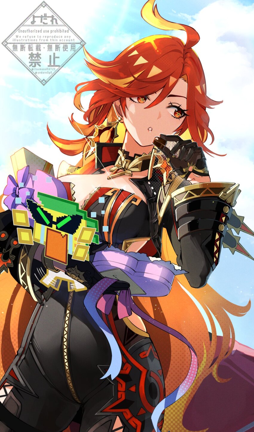 1girl :o ahoge ajaw_(genshin_impact) box box_of_chocolates breasts candy chocolate chocolate_heart cleavage earrings food genshin_impact heart heart-shaped_food highres holding holding_chocolate holding_food itsumono_katze jewelry long_hair mavuika_(genshin_impact) medium_breasts multicolored_hair open_mouth orange_eyes orange_hair red_hair very_long_hair