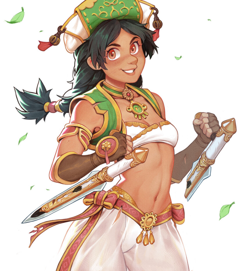 1girl bandeau bare_shoulders black_hair bladed_tonfa braid breasts broken broken_weapon brown_eyes commentary commission dark-skinned_female dark_skin dual_wielding effy_neprin english_commentary gloves harem_pants hat highres holding jewelry leaf midriff navel necklace panties pants revision see-through_clothes small_breasts solo soul_calibur soulcalibur soulcalibur_iv strapless talim tonfa tube_top twin_braids twintails underwear vest weapon white_panties