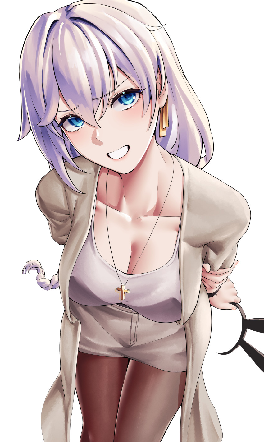 1girl :d absurdres blue_eyes braid braided_ponytail breasts brown_pantyhose cleavage coat grey_coat grey_skirt grin highres holding honkai_(series) honkai_impact_3rd jewelry kallen_kaslana large_breasts long_hair long_sleeves looking_at_viewer necklace open_mouth pantyhose pyeong_il shirt simple_background skirt smile solo teeth white_background white_hair white_shirt