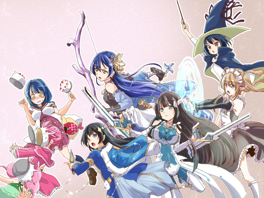 4girls black_hair blue_eyes blue_hair bow brown_eyes cake commentary_request crossover detached_sleeves elf food food_on_face furutani_himawari green_eyes hair_between_eyes hair_ornament hair_rings hairband in_the_face jacket kagura_hikari long_hair long_sleeves love_live! love_live!_school_idol_project maid maid_headdress mimori_suzuko multiple_crossover multiple_girls myucel_foalan open_mouth outbreak_company pie_in_face pink_bow pink_hair pointy_ears sherlock_shellingford shoujo_kageki_revue_starlight smile sonoda_umi tantei_opera_milky_holmes tougou_mimori twintails urutsu_sahari very_long_hair voice_actor_connection weapon yellow_eyes yuruyuri yuuki_yuuna_wa_yuusha_de_aru yuusha_de_aru