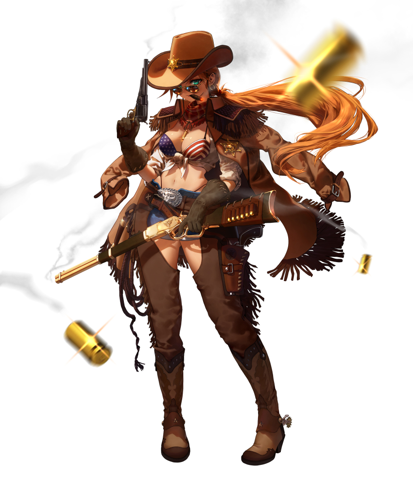 1girl absurdres american_flag american_flag_bikini american_flag_print bikini black_gloves blue_shorts boots breasts brown_boots brown_hair brown_hat brown_jacket chaps cigar colt_single_action_army cowboy_boots cowboy_hat cowboy_western cowgirl_(western) dark_skin flag_print floating_hair fringe_trim full_body gloves green_eyes gun hand_up handgun hat highres jacket jacket_on_shoulders looking_at_viewer looking_over_eyewear medium_breasts midriff navel original ponytail print_bikini revolver shell_casing sheriff_badge shirt short_shorts shorts shotgun simple_background solo sowasi spurs stomach sunglasses swimsuit tied_shirt weapon white_background white_shirt