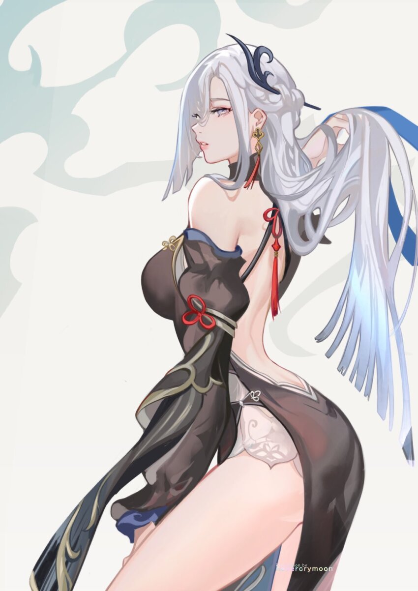 1girl arched_back artist_name back backless_outfit blue_eyes breasts commentary english_commentary from_side genshin_impact grey_hair hair_lift hair_ornament hair_stick highres large_breasts long_hair long_sleeves nevercrymoon parted_lips pelvic_curtain shenhe_(frostflower_dew)_(genshin_impact) shenhe_(genshin_impact) solo tassel very_long_hair