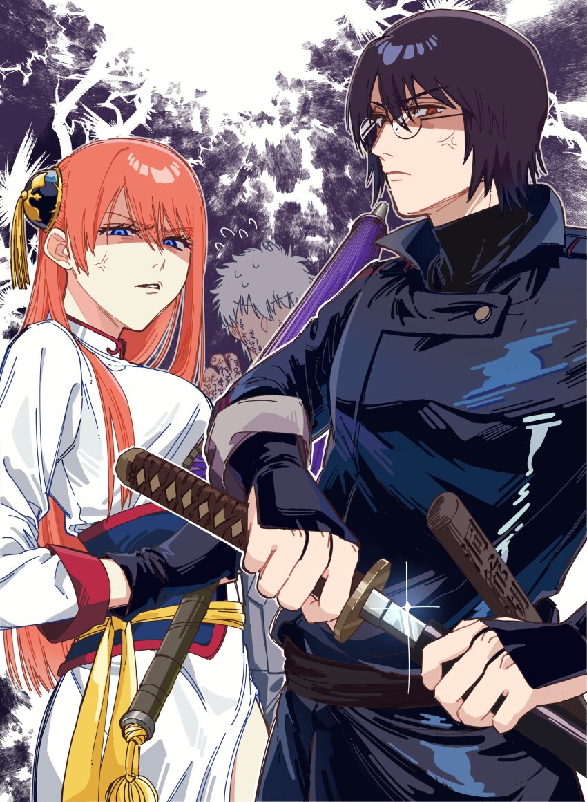 1girl 2boys absurdres aki2259 angry black_hair bun_cover china_dress chinese_clothes closed_umbrella dress gintama glasses hair_bun highres holding holding_sword holding_umbrella holding_weapon japanese_clothes kagura_(gintama) multiple_boys orange_hair purple_umbrella sakata_gintoki shimura_shinpachi sword umbrella weapon white_hair
