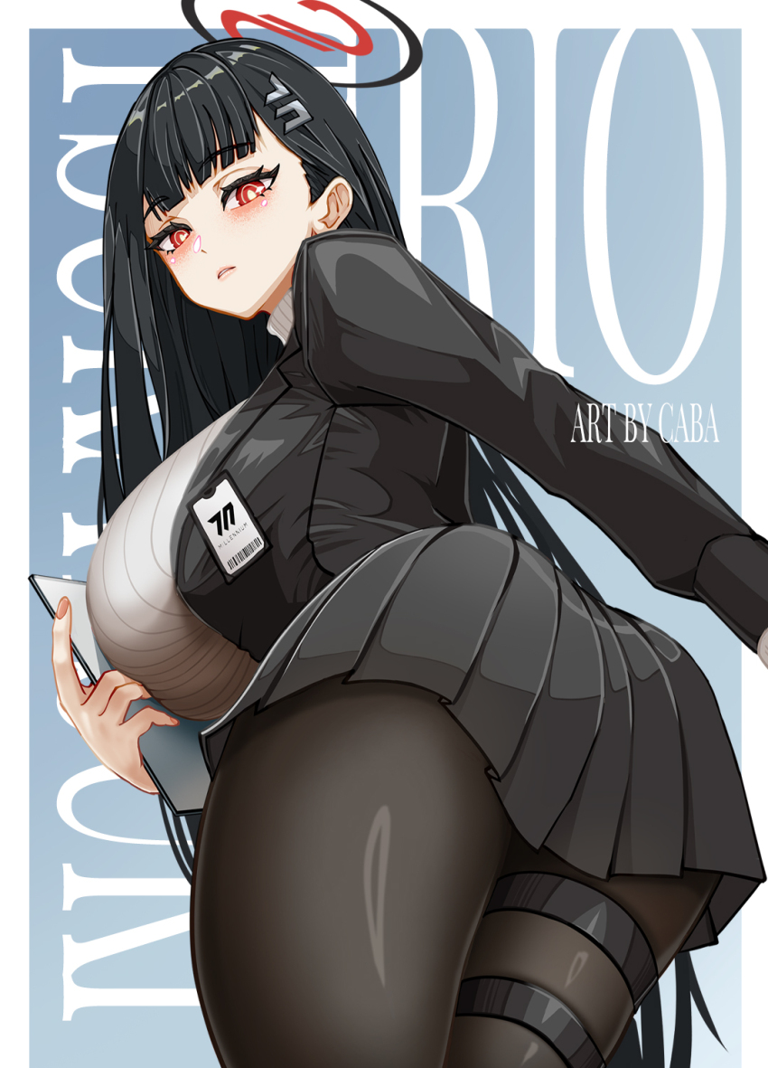 1girl ass black_hair black_jacket black_pantyhose black_skirt blazer blue_archive blush breasts carlos_cabs commentary halo highres holding holding_tablet_pc jacket large_breasts long_hair looking_at_viewer pantyhose parted_lips pleated_skirt red_eyes ribbed_sweater ringed_eyes rio_(blue_archive) skirt solo sweater tablet_pc turtleneck turtleneck_sweater