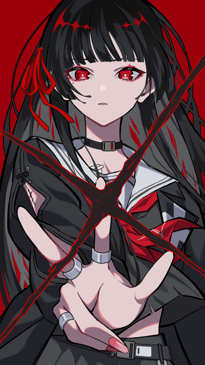 1girl arm_cutout black_choker black_hair black_jacket black_shirt blunt_bangs chisa_(wuthering_waves) choker clothing_cutout commentary hair_ribbon highres jacket kurenairan77 lam_(style) long_hair long_sleeves looking_at_viewer mole mole_under_eye neckerchief parted_lips red_background red_eyes red_neckerchief red_ribbon ribbon sailor_collar shirt simple_background solo symbol-only_commentary tacet_mark_(wuthering_waves) upper_body white_sailor_collar wuthering_waves