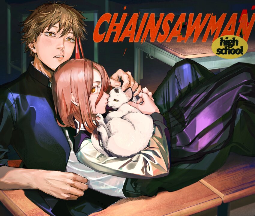 1boy 1girl absurdres blue_jacket blue_pants brown_eyes brown_hair cat chainsaw_man collared_shirt copyright_name demon_girl demon_horns denji_(chainsaw_man) dress fourth_east_high_school_uniform gakuran haru_udon highres horns jacket looking_at_viewer meowy_(chainsaw_man) pants pinafore_dress power_(chainsaw_man) purple_dress red_hair red_horns school_uniform shirt sleeveless sleeveless_dress white_shirt yellow_eyes