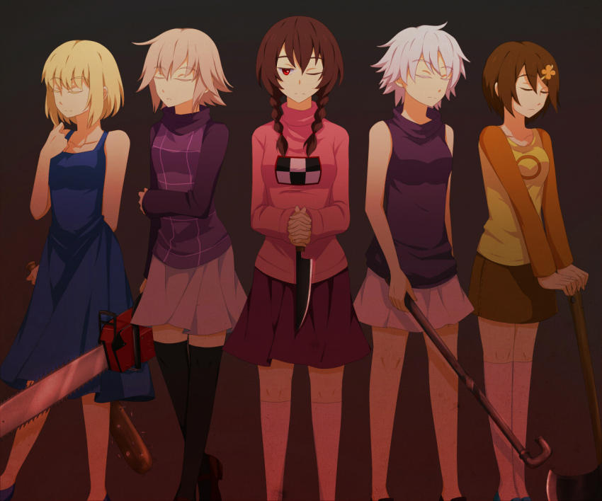 .flow 5girls ai_(kuroha-chan) arm_behind_back axe baseball_bat black_socks braid chainsaw chie_(lcddem) closed_eyes colored_eyelashes dress holding_own_arm kneehighs knife kuroha_ai lcddem lead_pipe long_hair madotsuki multiple_girls nail_(hardware) nail_bat one_eye_closed pink_shirt purple_skirt red_eyes sabitsuki shirt skirt socks thighhighs twin_braids twintails urotsuki usotsuki weapon wink yume_2kki yume_nikki yume_nisshi