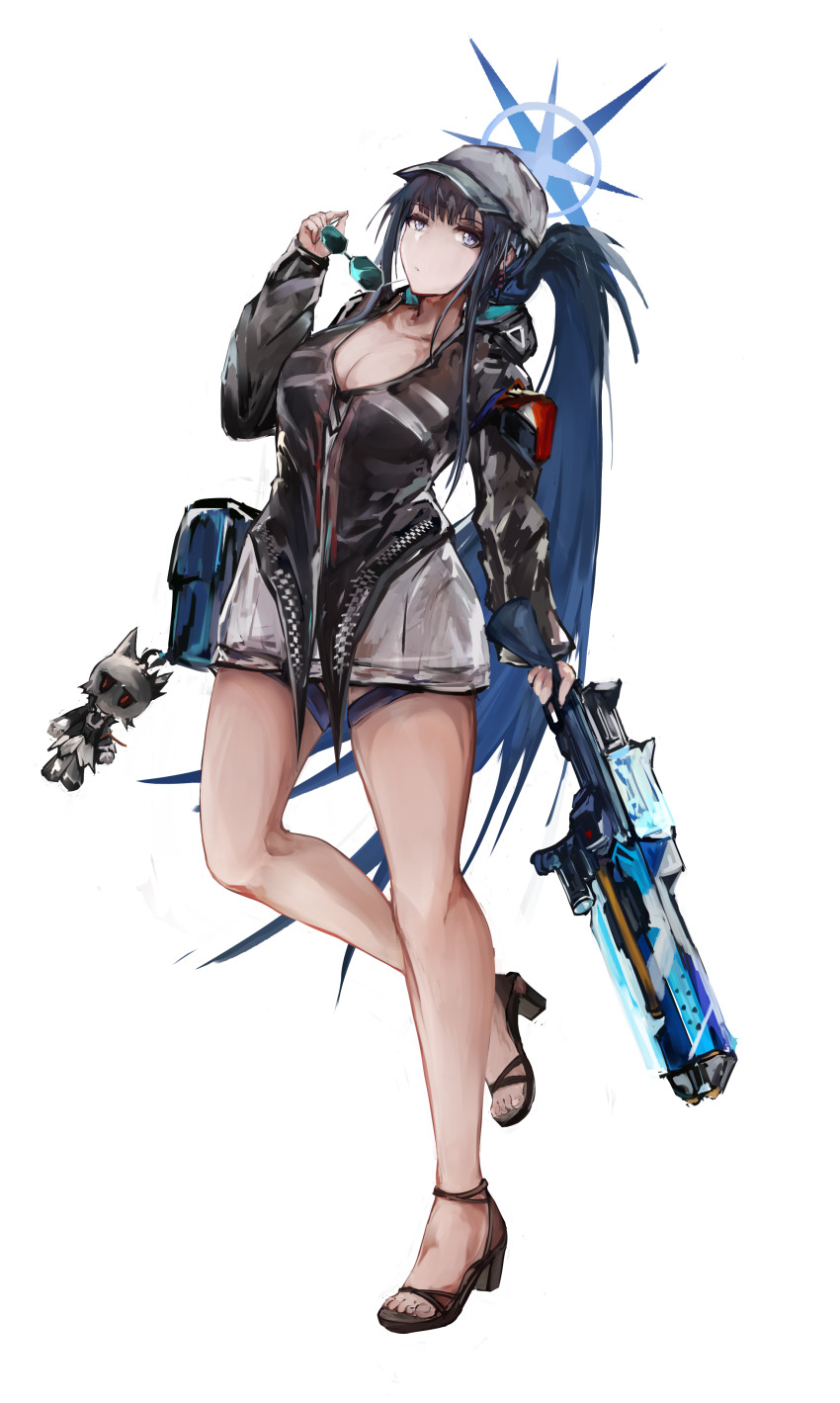 1girl absurdres arknights bare_legs baseball_cap black_jacket blue_archive blue_eyes blue_hair breasts ch&#039;en_(arknights) ch&#039;en_(arknights)_(cosplay) ch&#039;en_the_holungday_(arknights) character_doll charm_(object) cleavage commentary_request cosplay doll folded_ponytail full_body grey_hat hand_up hat high_heels highres holding holding_removed_eyewear holding_water_gun ishigami_shizuka jacket kisumun long_hair long_sleeves looking_at_viewer medium_breasts saori_(blue_archive) simple_background solo standing standing_on_one_leg sunglasses talulah_(arknights) thighs unworn_eyewear very_long_hair voice_actor_connection water_gun white_background