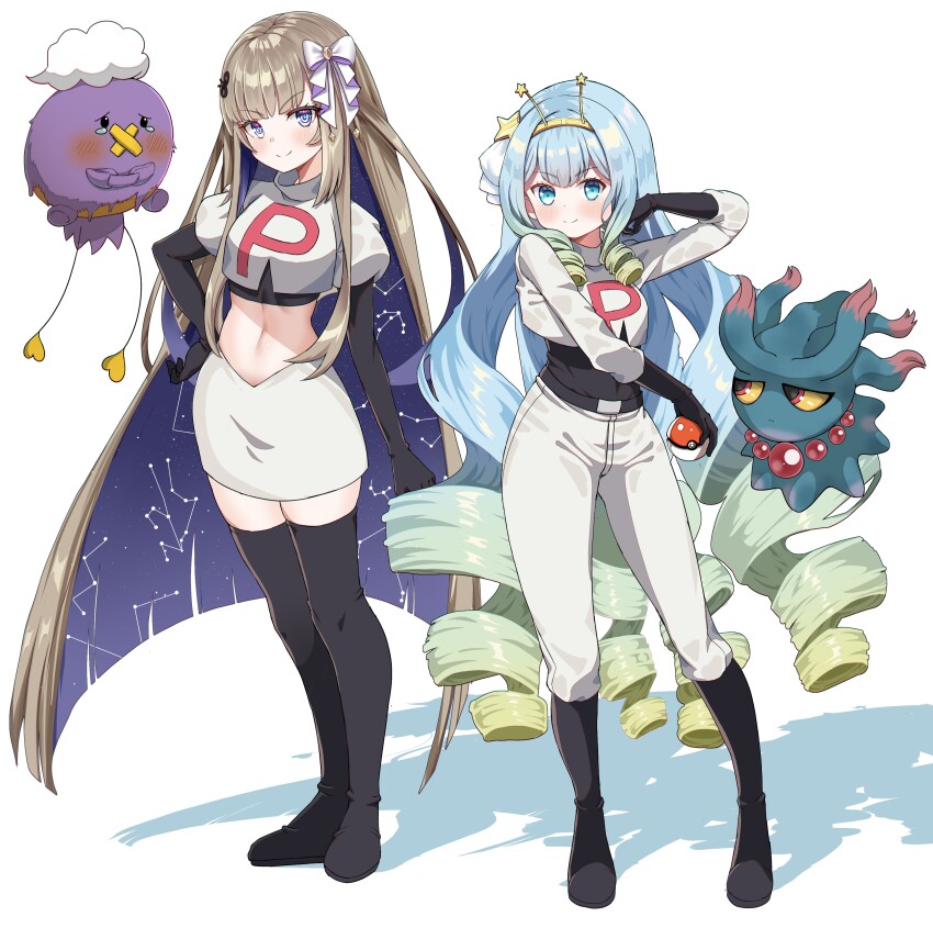 2girls absurdres alternate_costume amanogawa_shiina black_gloves blue_eyes blue_hair blush breasts brown_hair colored_inner_hair cosplay crop_top drifloon elbow_gloves gen_2_pokemon gen_4_pokemon gloves hand_on_own_hip highres holding holding_poke_ball jelly_hoshiumi lhofi long_hair looking_at_viewer misdreavus multicolored_hair multiple_girls nintendo pants phase_connect poke_ball pokemon pokemon_(anime) pokemon_(creature) purple_hair shirt skirt small_breasts smile team_rocket team_rocket_grunt team_rocket_grunt_(cosplay) team_rocket_uniform very_long_hair virtual_youtuber white_pants white_shirt white_skirt