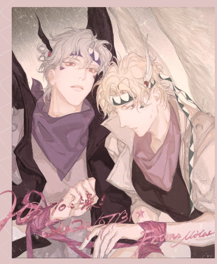 2boys alternate_color battle_tendency black_jacket blonde_hair caesar_anthonio_zeppeli dated dual_persona facial_mark feather_hair_ornament feathers fingerless_gloves gloves green_eyes hair_ornament headband highres jacket jojo_no_kimyou_na_bouken male_focus mitus multiple_boys muted_color palette_swap pink_scarf purple_scarf red_eyes red_scarf ribbon scarf silver_hair wings wristband