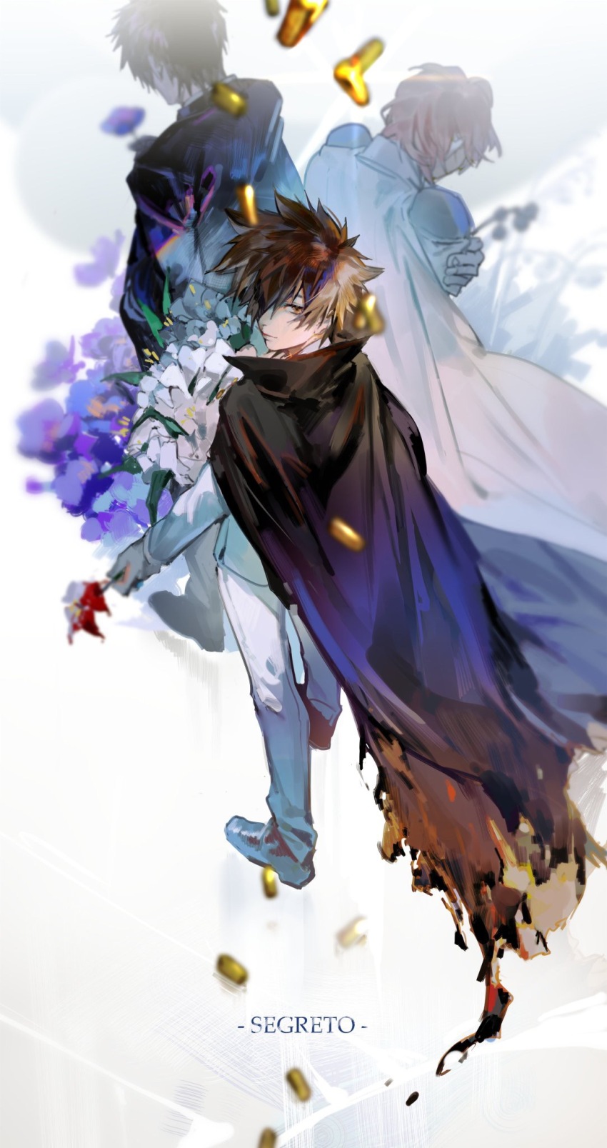 3boys black_cape black_hair bokyo bouquet brown_eyes brown_hair bullet cape cloak english_text flower from_behind hibari_kyouya highres holding holding_bouquet irie_shoichi katekyo_hitman_reborn! male_focus multiple_boys pants purple_flower sawada_tsunayoshi shell_casing short_hair torn_cape torn_clothes white_cape white_flower white_pants