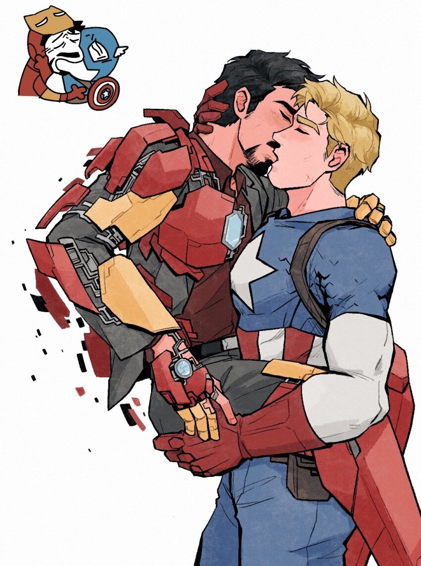 2boys arc_reactor armor avengers_(series) belt black_belt black_hair blonde_hair blue_bodysuit bodysuit captain_america carrying carrying_person closed_eyes collared_shirt commentary cowboy_shot english_commentary facial_hair fingernails formal_clothes french_kiss gloves grey_jacket grey_pants hand_on_another&#039;s_head hand_up helmet highres iron_man jacket kiss lapels long_sleeves male_focus marvel meme multicolored_armor multiple_boys multiple_views muscular muscular_male open_clothes open_jacket pants pocket red_armor red_gloves red_shirt shield shield_on_back shirt short_hair simple_background standing star_(symbol) star_print steve_rogers suit suit_jacket superhero_costume tony_stark upper_body vertical-striped_bodysuit weibo_7899261198 white_background yaoi yellow_armor yoshi_and_toad_kissing_(meme)