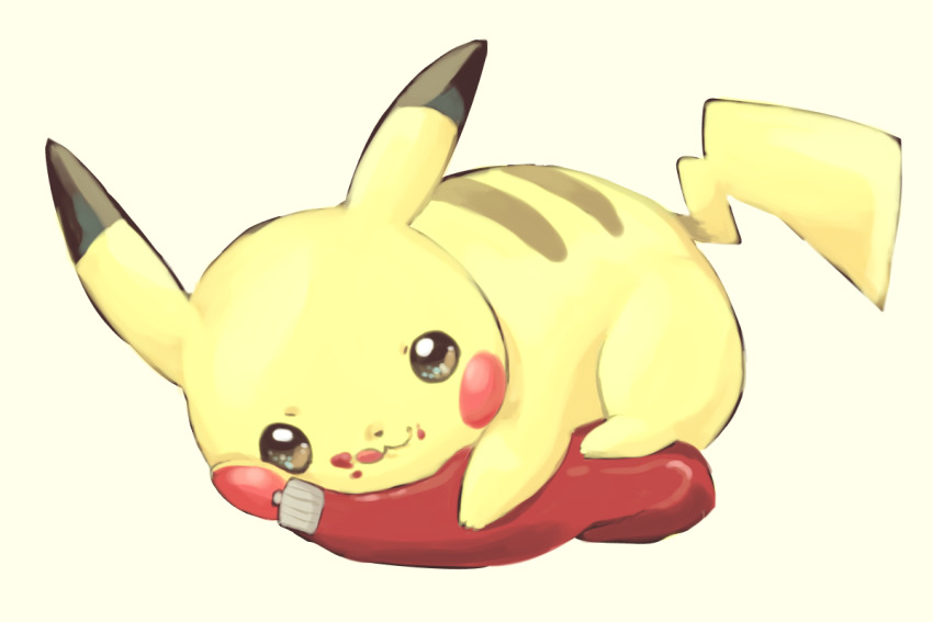 creature full_body gen_1_pokemon holding ketchup ketchup_bottle looking_at_viewer lying mizuto_(o96ap) nintendo no_humans on_stomach pikachu pokemon pokemon_(anime) pokemon_(classic_anime) pokemon_(creature) pokemon_ep042 pokemon_focus simple_background solo white_background
