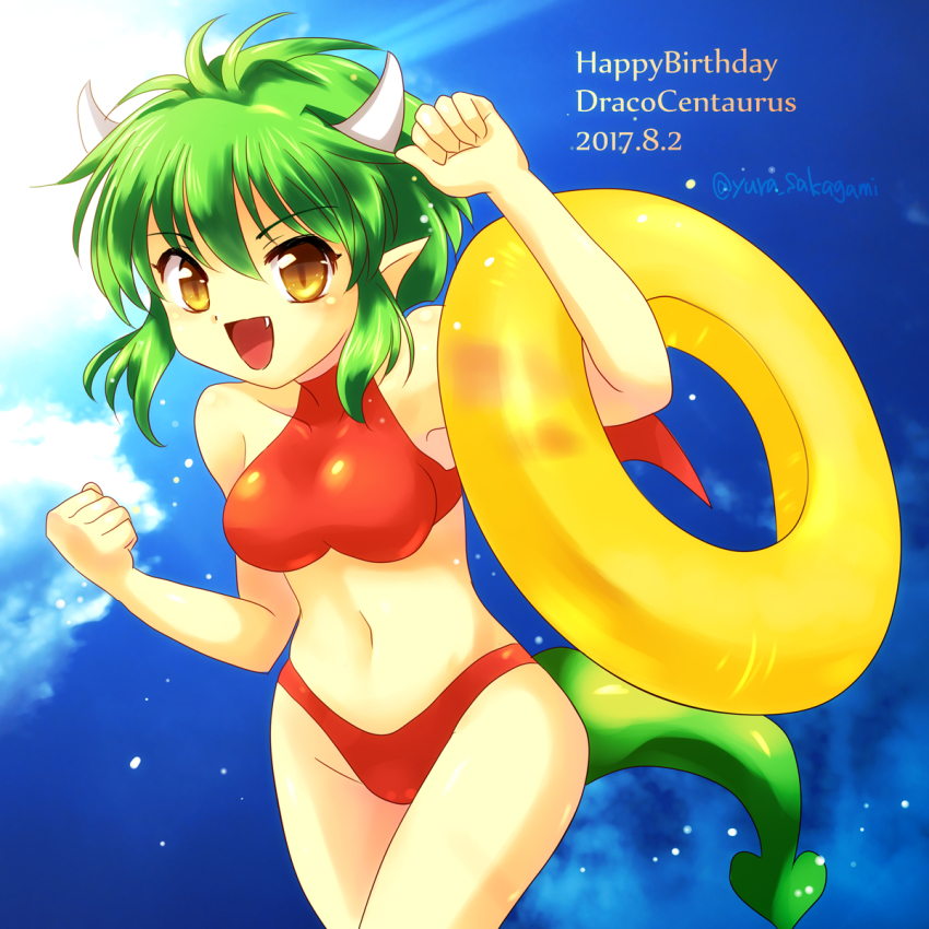 1girl 2017 arm_up artist_name bikini blue_sky breasts brown_eyes character_name clenched_hands cloud collarbone compile dated draco_centauros dragon_girl dragon_horns dragon_tail fang green_hair halterneck happy_birthday highres horns innertube looking_at_viewer madou_monogatari medium_breasts navel pixiv_id_215454 pointy_ears puyopuyo red_bikini sega short_hair sky smile solo swim_ring swimsuit tail text_focus twitter_username wings