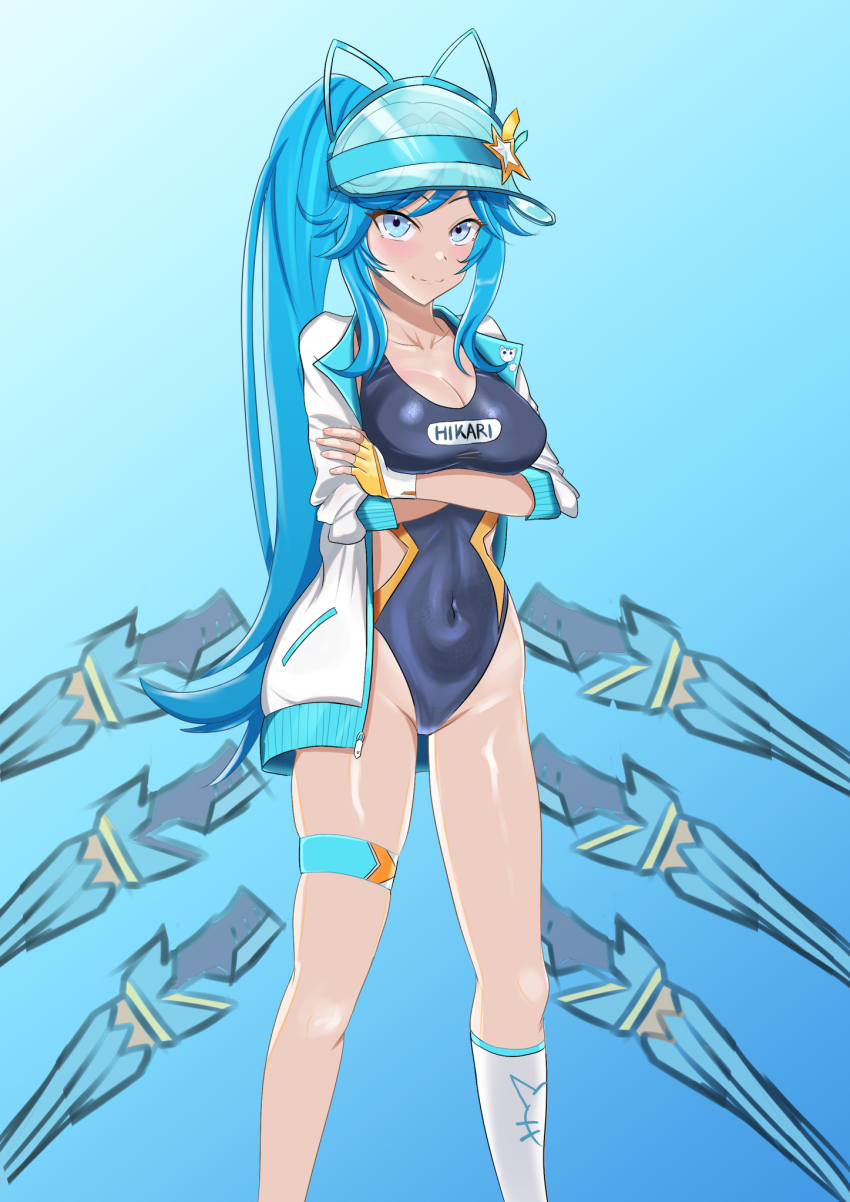1girl animal_ears blue_background blue_eyes blue_hair blue_one-piece_swimsuit breasts buhiko cat_ears character_request cleavage competition_swimsuit copyright_request covered_navel crossed_arms feet_out_of_frame gradient_background highleg highleg_one-piece_swimsuit highres jacket jacket_over_swimsuit large_breasts looking_at_viewer one-piece_swimsuit single_sock socks solo standing swimsuit visor_cap white_jacket white_socks