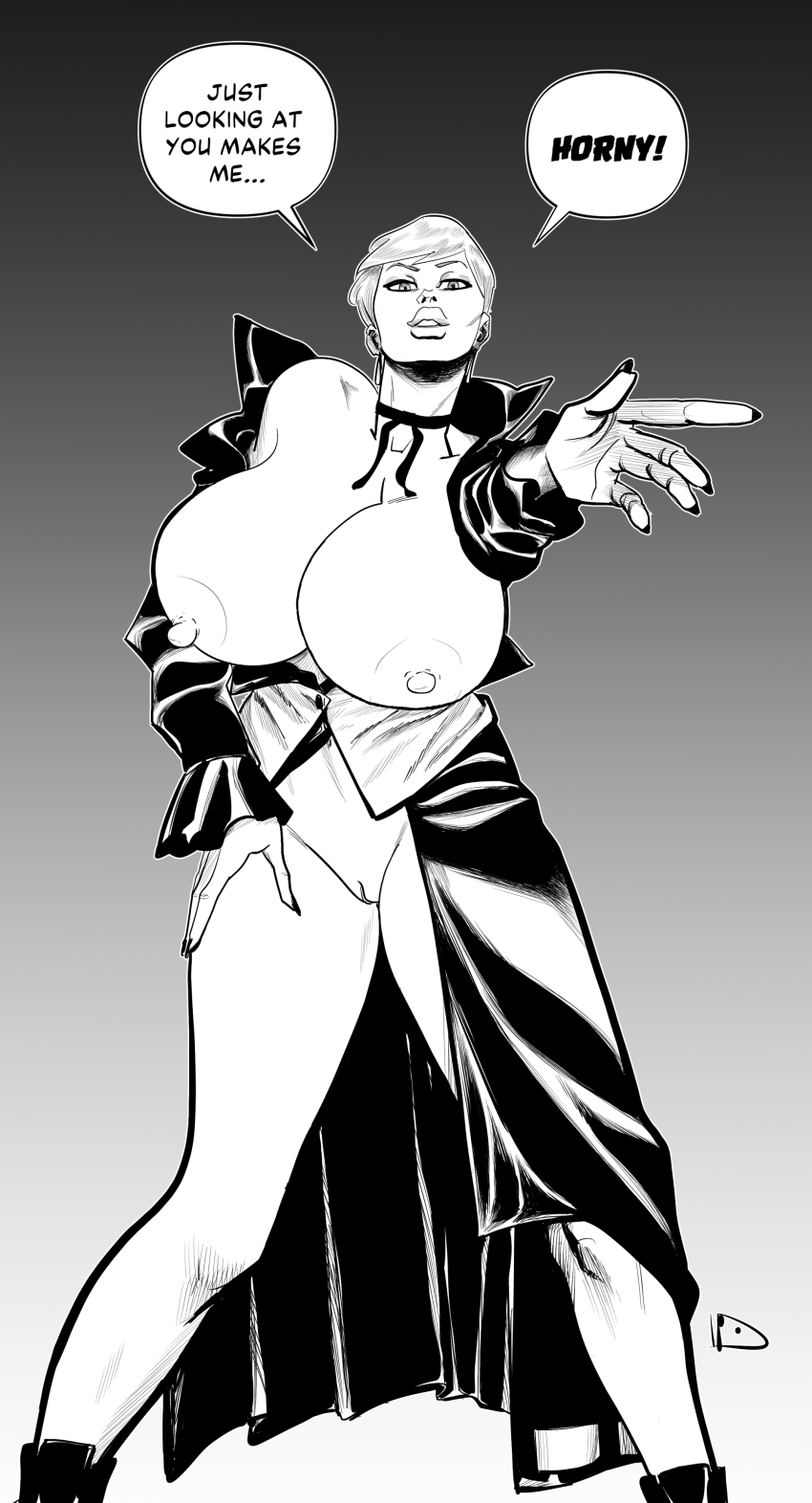 1girl breasts breasts_out collar commentary dress earrings english_commentary english_text female_focus huge_breasts jewelry large_breasts long_sleeves looking_at_viewer onesheeparmy open_clothes short_hair skirt standing the_king_of_fighters vice_(kof)