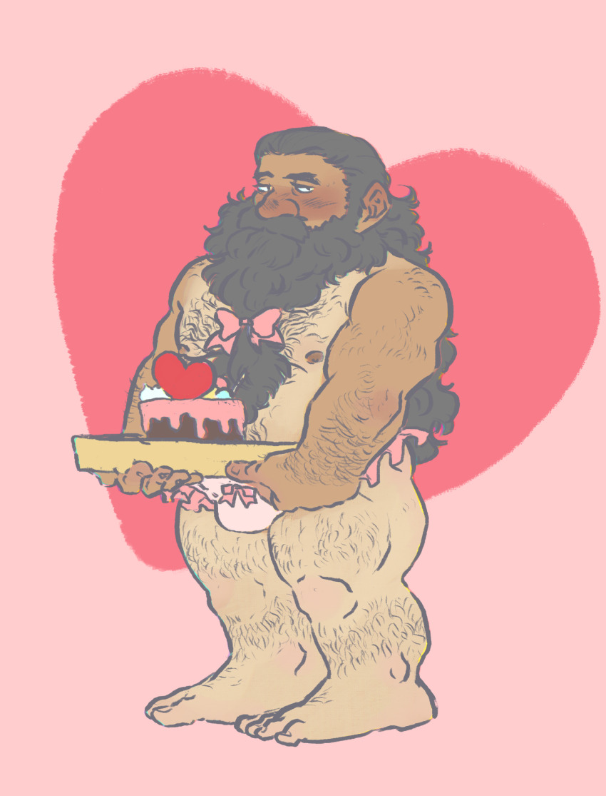 1boy bara beard beard_bow belly blush bow bowtie brown_hair bulge cake dungeon_meshi dwarf facial_hair fake_horns fat fat_man food frilled_underwear hairy half-closed_eyes heart heart_background helmet highres holding holding_cake holding_food horned_helmet horns large_feet long_beard looking_at_viewer male_focus mustache navel_hair nipples pectorals pink_background senshi_(dungeon_meshi) shy sideways_glance solo standing tan teratodentata thick_arm_hair thick_chest_hair thick_leg_hair thick_mustache topless_male very_long_beard