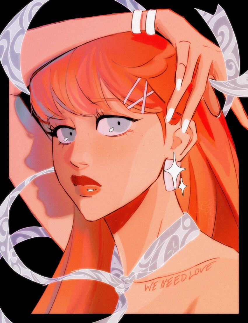 1girl black_background blackpink blunt_bangs close-up closed_mouth commentary earrings highres jewelry k-pop lisa_(blackpink) long_hair looking_at_viewer orange_hair real_life serpentire simple_background solo sparkle upper_body white_nails
