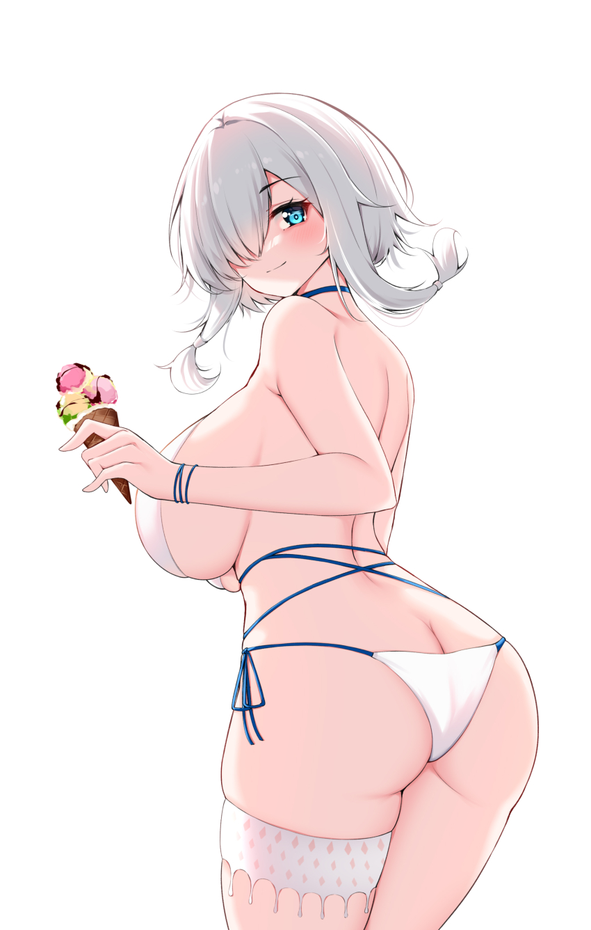 1girl absurdres ass azur_lane bare_shoulders bikini blue_choker blue_eyes breasts butt_crack catnnn choker dead_or_alive dead_or_alive_xtreme food highres holding holding_food holding_ice_cream huge_breasts ice_cream looking_at_viewer looking_back luna_(doa) luna_(venus_of_the_beach)_(doa) short_hair sideboob solo swimsuit thigh_strap thighs white_background white_bikini white_hair wristband