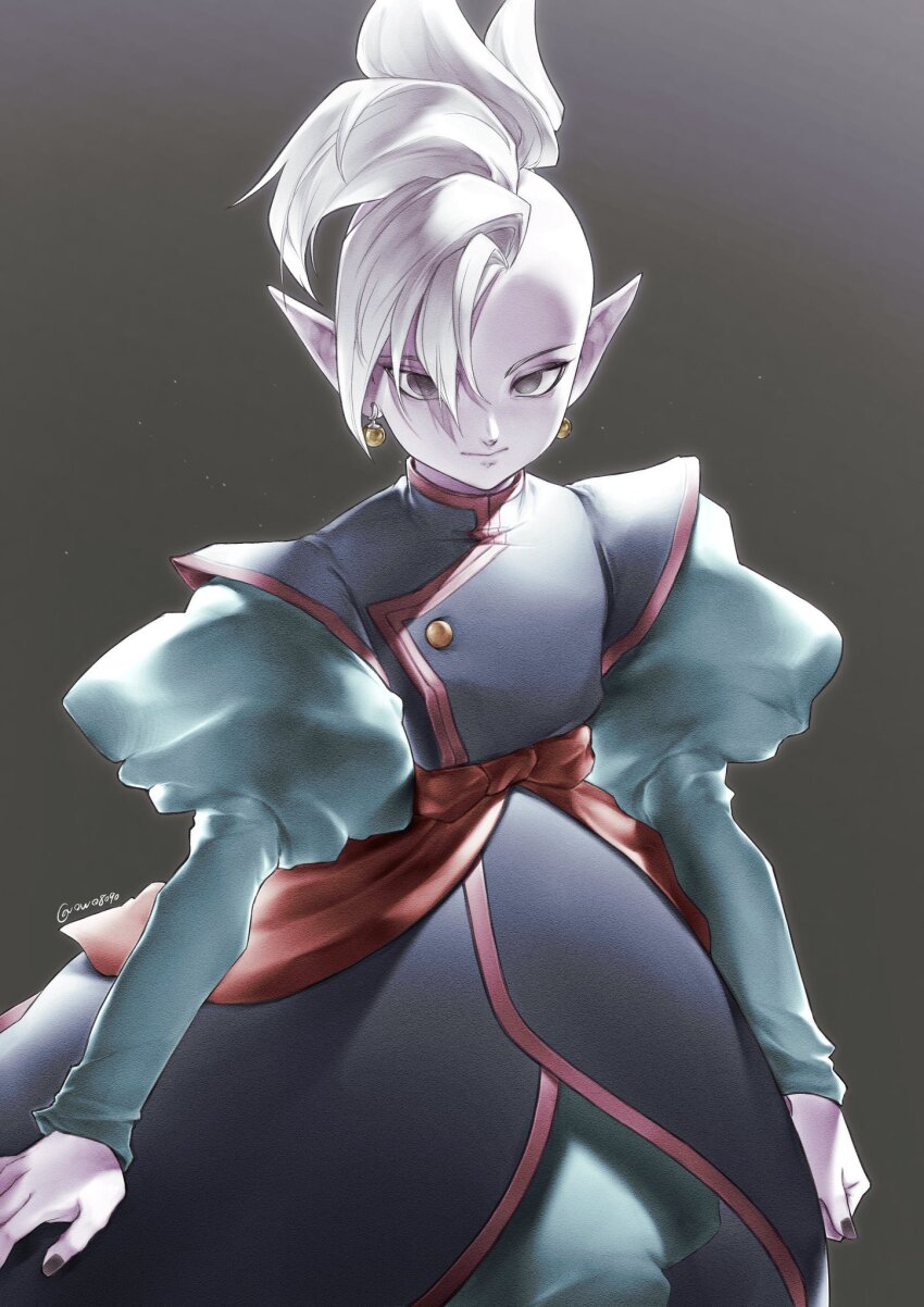1boy aqua_pants aqua_shirt black_nails blue_vest colored_skin commentary_request cowboy_shot dragon_ball dragonball_z earrings gem grey_background grey_eyes highres jewelry juliet_sleeves kaioushin long_sleeves looking_at_viewer male_focus mohawk owo8090 pants pointy_ears potara_earrings puffy_sleeves purple_skin red_sash red_trim sash shin_(dragon_ball) shirt solo sphere_earrings vest white_hair yellow_gemstone