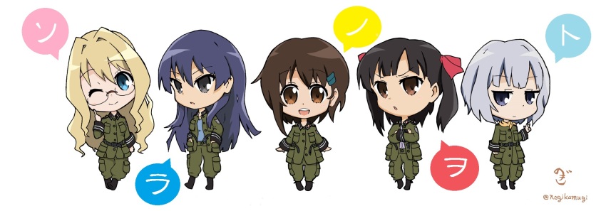 5girls asymmetrical_hair blonde_hair blue_eyes blue_hair brown_eyes brown_hair chibi colored_shadow copyright_name everyone filicia_heideman glasses hair_ornament hairclip highres kazumiya_rio long_hair military military_uniform multiple_girls nogikomugi one_eye_closed shadow short_hair sonobashi_nogi sora_no_woto sorami_kanata suminoya_kureha twintails