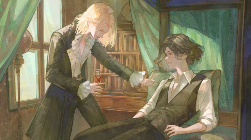 2boys androgynous black_hair black_pants blonde_hair blue_eyes carlo_(lies_of_p) chair chengya_huanwo commentary commission cup drinking_glass english_commentary glass highres holding holding_cup indoors lies_of_p male_focus multiple_boys on_chair pants pink_lips romeo_(lies_of_p) shirt short_hair sitting standing white_shirt