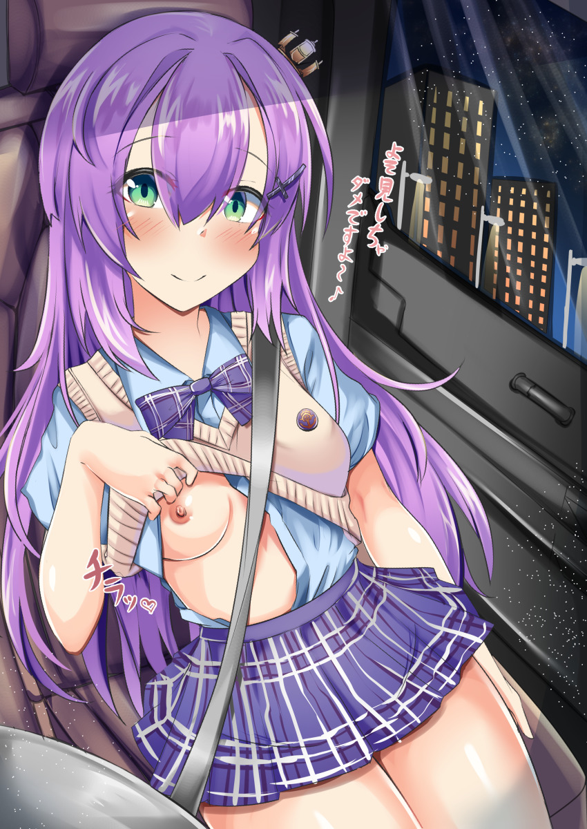 absurdres azur_lane breasts car_interior clothes_lift cross_hair_ornament crown green_eyes hair_ornament highres javelin_(azur_lane) javelin_(slow_ahead!)_(azur_lane) long_hair looking_at_viewer manatu_kato medium_breasts mini_crown miniskirt night night_sky nipples purple_hair safety_belt shirt_lift skirt sky smile solo sweater sweater_lift