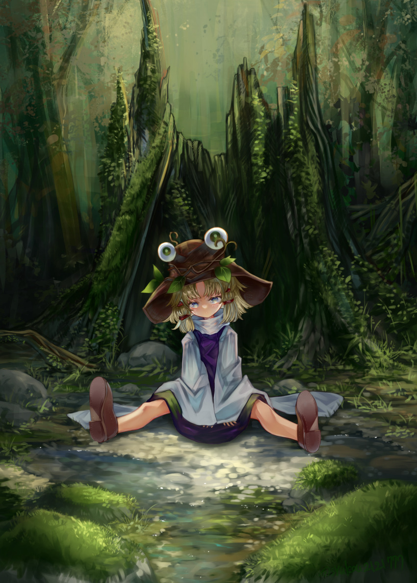 1girl absurdres between_legs blonde_hair blue_eyes brown_footwear brown_hat forest hair_ribbon hand_between_legs hat hat_ornament highres leaf leaf_hat_ornament long_sleeves looking_at_viewer moriya_suwako moss nature parted_bangs purple_vest red_ribbon ribbon rock shirt sidelocks sitting solo spread_legs syukou touhou tree_stump turtleneck v_arms vest white_shirt wide_sleeves