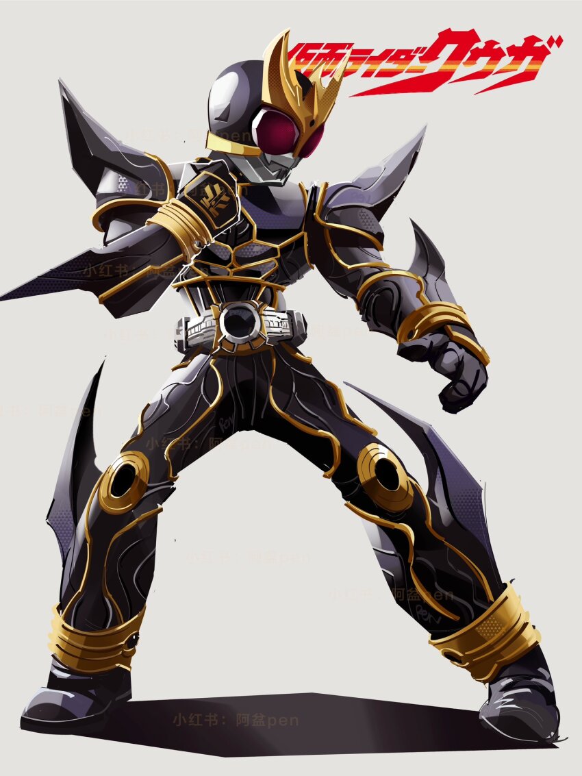 1boy armor black_armor character_request clenched_hand fighting_game full_body grey_background highres kamen_rider kamen_rider_kuuga kamen_rider_kuuga_(series) kamen_rider_kuuga_(ultimate_form) m._bison male_focus penpenhuihui rider_belt simple_background solo street_fighter
