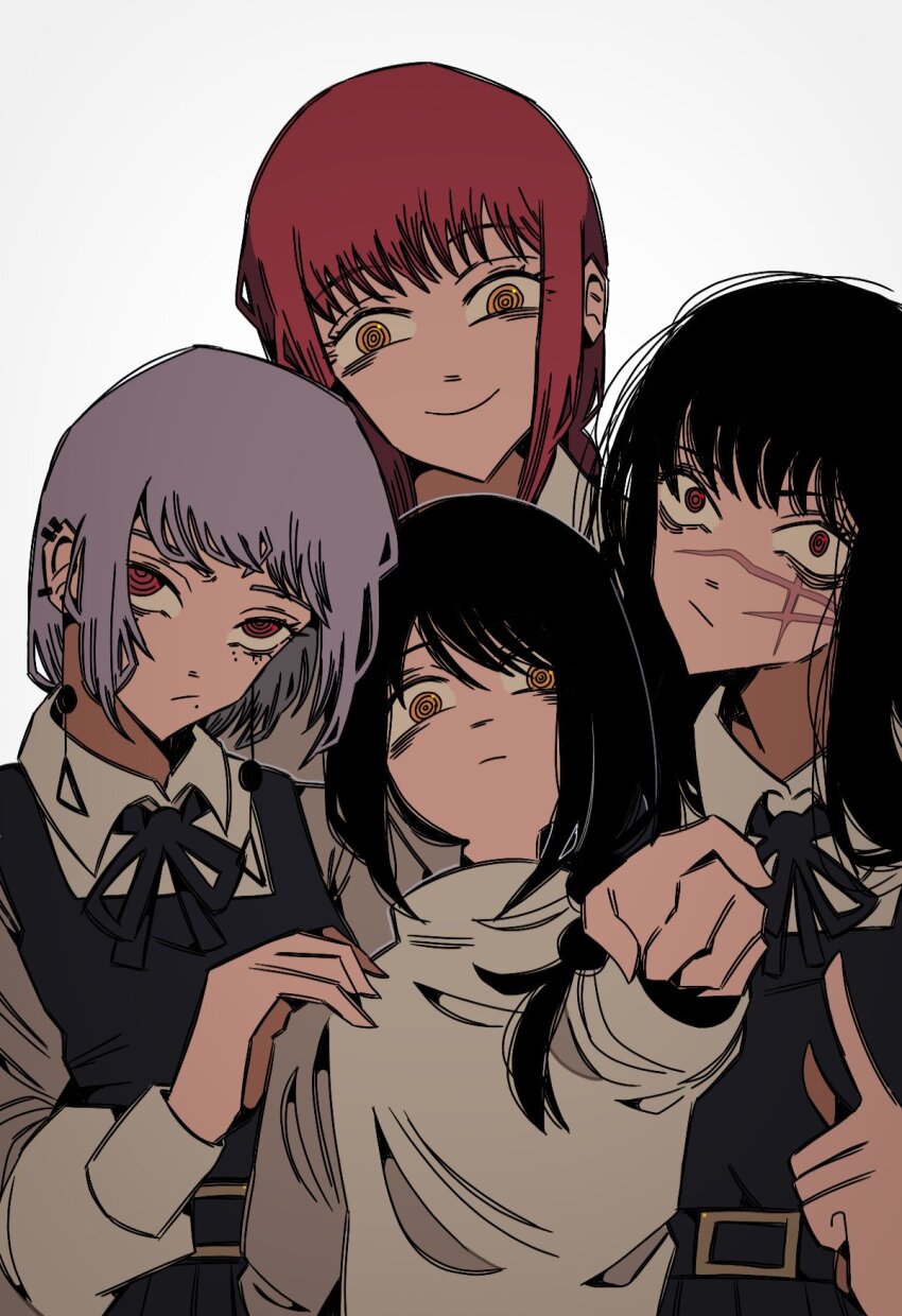 31ulkubo 4girls black_dress black_hair braid chainsaw_man commentary cross_scar dress earrings fami_(chainsaw_man) fourth_east_high_school_uniform hair_over_shoulder highres index_finger_raised jewelry makima_(chainsaw_man) mole mole_under_eye mole_under_mouth multiple_girls multiple_moles nayuta_(chainsaw_man) pinafore_dress pointing pointing_at_viewer purple_hair red_eyes red_hair reincarnation ringed_eyes scar school_uniform single_braid sleeveless sleeveless_dress time_paradox yellow_eyes yoru_(chainsaw_man)