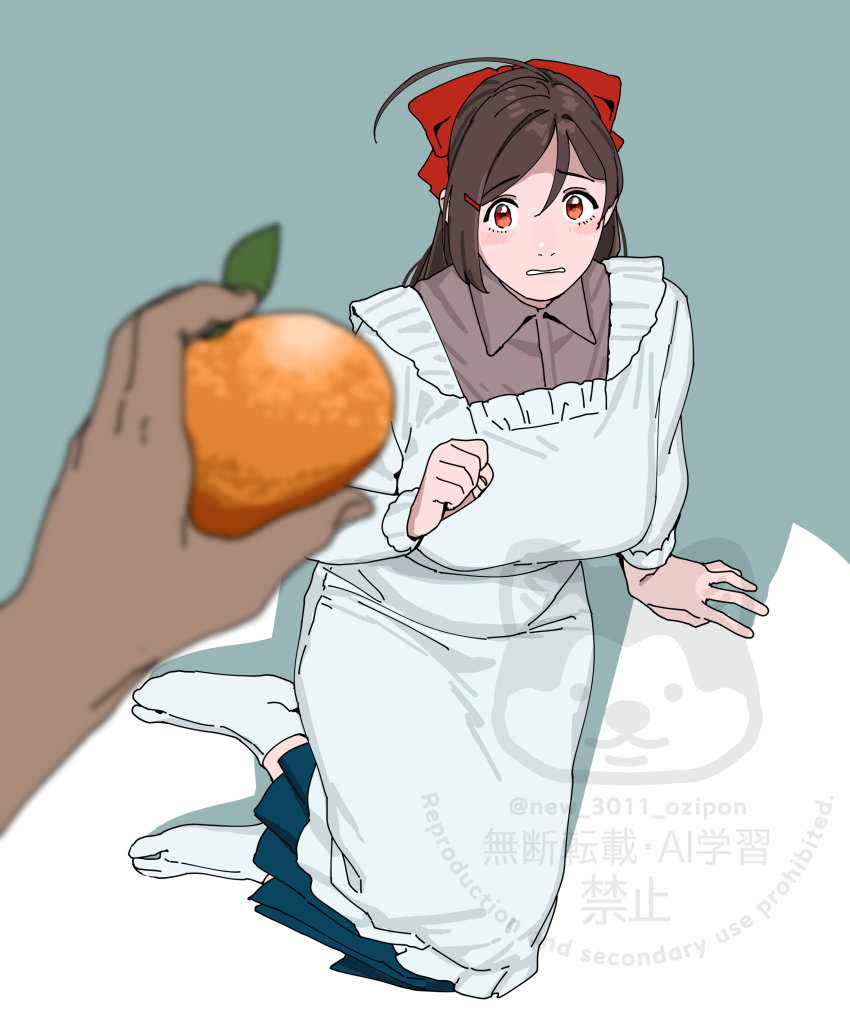 1boy 1girl absurdres ahoge apron blue_skirt blurry bow brown_hair collared_shirt depth_of_field food fruit grey_shirt hair_bow highres kantai_collection kappougi long_hair long_skirt mamiya_(kancolle) mandarin_orange ojipon pleated_skirt red_bow red_eyes shirt skirt socks watermark white_socks wince