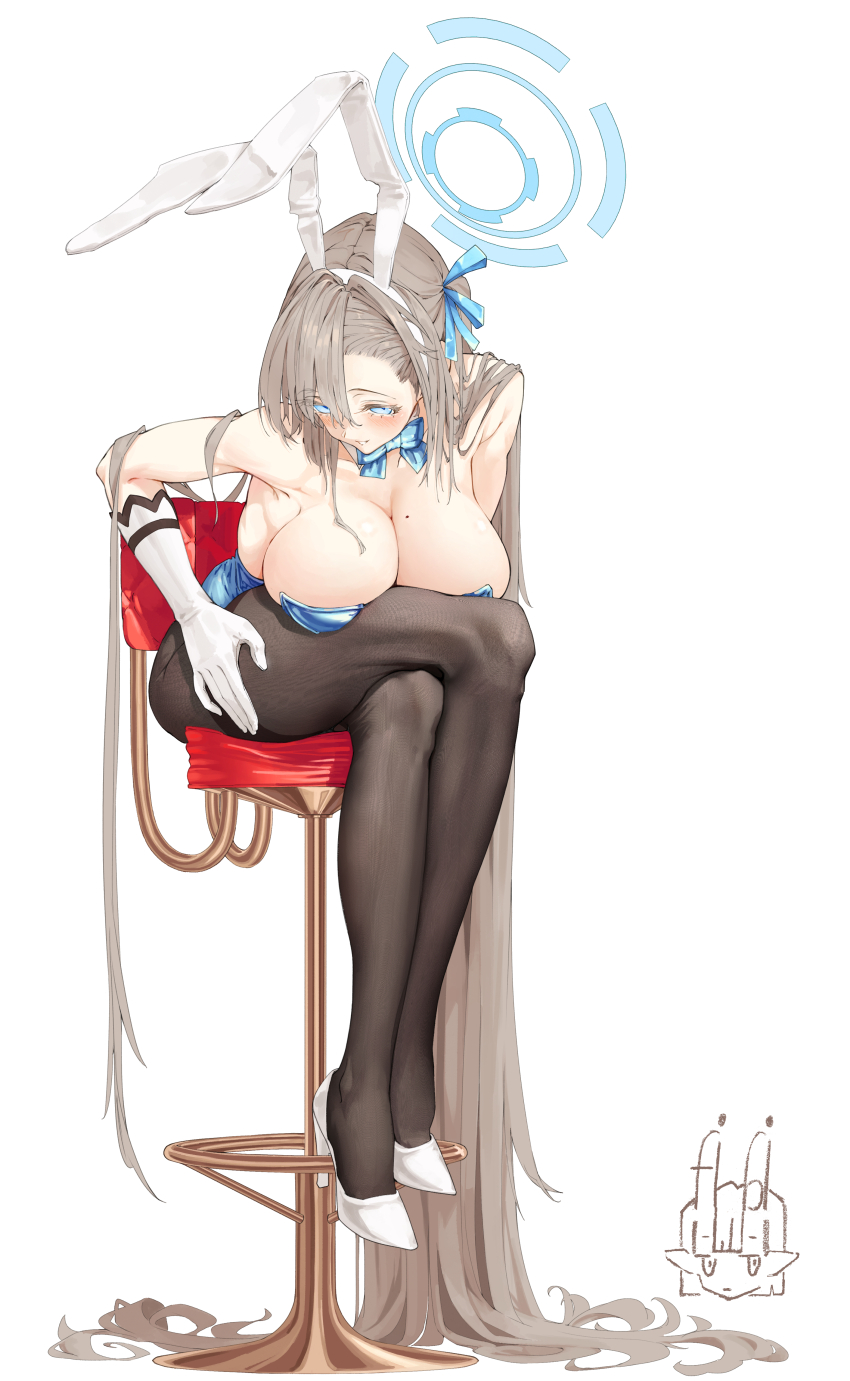1girl absurdly_long_hair absurdres animal_ears armpit_crease asuna_(blue_archive) asuna_(bunny)_(blue_archive) bare_shoulders blue_archive blue_bow blue_bowtie blue_eyes blue_halo blue_leotard blue_ribbon blush bow bowtie breast_press breasts brown_hair brown_pantyhose chair cleavage commentary crossed_legs detached_collar elbow_gloves fake_animal_ears full_body gloves grin hair_between_eyes hair_ribbon hairband halo hand_on_own_thigh high_heels highres large_breasts leaning_forward leotard long_hair looking_at_viewer mole mole_on_breast official_alternate_costume on_chair pantyhose parted_lips phoebe_(user_vvpf4584) playboy_bunny pumps rabbit_ears ribbon shoes simple_background sitting smile solo strapless strapless_leotard very_long_hair white_background white_gloves white_hairband white_shoes