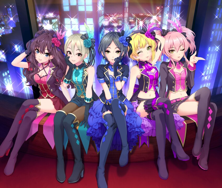 5girls absurdres belt black_eyes blonde_hair blue_eyes blue_gloves boots breasts building choker cityscape cleavage crossed_legs earrings flower forehead gloves green_eyes grey_hair hair_flower hair_ornament hayami_kanade high_heel_boots high_heels highres ichinose_shiki idol_clothes idolmaster idolmaster_cinderella_girls jacket jewelry jougasaki_mika lipps_(idolmaster) miyamoto_frederica multiple_girls navel official_art one_eye_closed pantyhose pink_hair red_hair shiomi_syuko short_shorts shorts sitting skirt smile thigh_boots twintails yellow_eyes