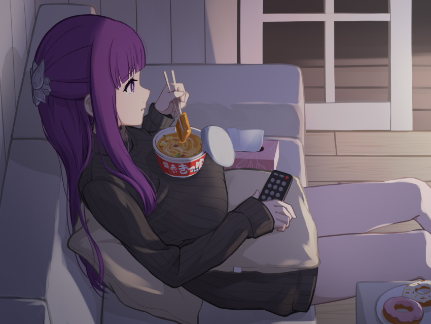 1girl aburaage adjusting_hair black_sweater blunt_bangs breasts chopsticks closed_mouth commentary_request crying crying_with_eyes_open cup_ramen donut eating fern_(sousou_no_frieren) food food_on_body food_on_breasts from_above from_side holding holding_chopsticks indoors instant_udon kitsune_udon laofuzi_dai_bansho large_breasts light_blush long_hair long_sleeves maruchan_akai_kitsune_udon no_pants object_on_breast purple_eyes purple_hair purple_pupils ribbed_sweater shadow sitting solo sousou_no_frieren sweater tears tissue_box turtleneck turtleneck_sweater very_long_hair