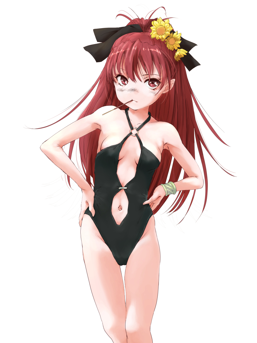 1girl black_one-piece_swimsuit breasts clothing_cutout collarbone commentary_request criss-cross_halter flower food food_in_mouth hair_flower hair_ornament halterneck hands_on_own_hips highres long_hair looking_at_viewer mahou_shoujo_madoka_magica mahou_shoujo_madoka_magica_(anime) marutaya navel navel_cutout o-ring o-ring_swimsuit one-piece_swimsuit pocky pocky_in_mouth red_eyes red_hair sakura_kyoko simple_background solo swimsuit thigh_gap white_background yellow_flower