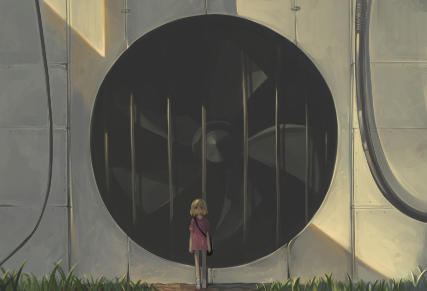 1girl bag blonde_hair closed_mouth commentary dokomon dress english_commentary grass green_eyes highres original outdoors pink_dress shoulder_bag solo wide_shot