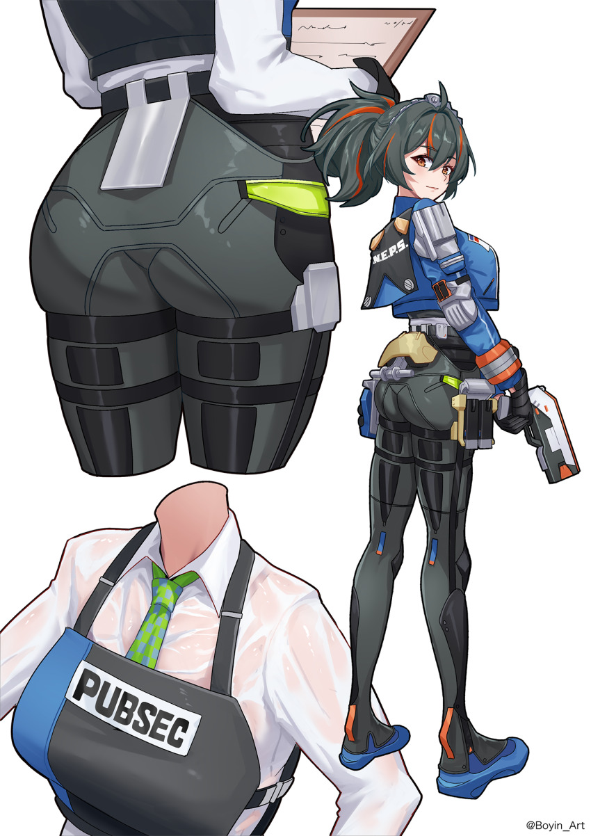 1girl ass ass_focus black_gloves black_hair black_outline blue_footwear blue_jacket boyin breasts bulletproof_vest checkered_necktie closed_mouth cropped_legs from_behind gloves gun handlebar high-waist_pants highres holding holding_gun holding_weapon holster jacket large_breasts looking_at_viewer metal_hairband multicolored_hair multiple_views necktie outline pants police police_uniform policewoman ponytail red_eyes red_hair shirt shoulder_holster simple_background streaked_hair tight_clothes tight_pants twitter_username weapon wet wet_clothes wet_shirt white_background white_shirt zenless_zone_zero zhu_yuan
